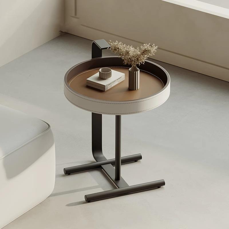 马鞍皮意式极简小茶几圆桌创意床头柜圆形现代简约床边柜卧室边几