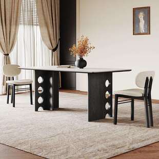 中古风岩板餐桌长方形家用全托饭桌实木多功能极简风长方形桌布