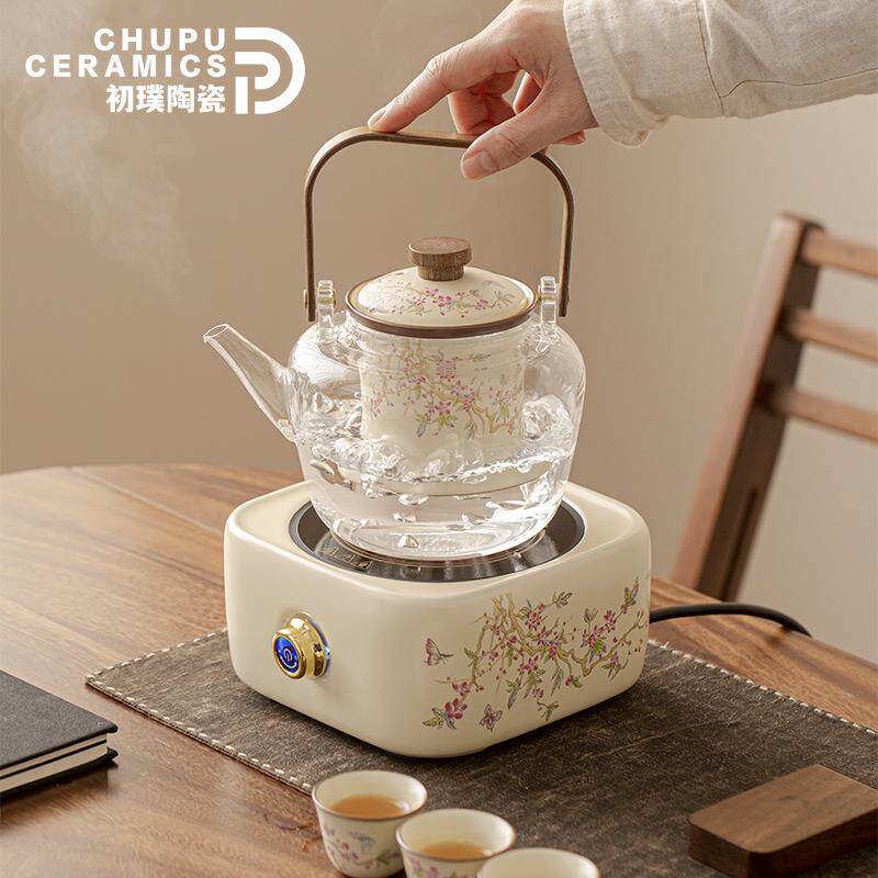 初璞汝窑紫藤花提梁煮茶壶玻璃蒸煮茶器电陶炉泡茶壶家用茶具套装