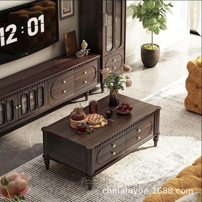 美式复古实木茶几客厅电视柜组合现代小户型家用欧式抽屉储物茶桌