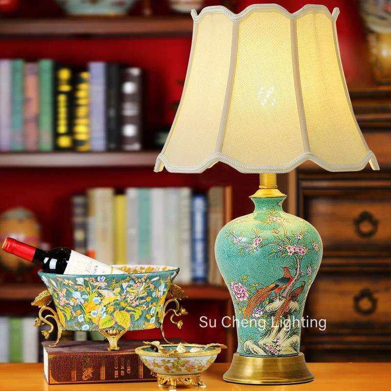 美式花鸟陶瓷台灯卧室床头灯新中式复古设计师全铜创意客厅装饰灯