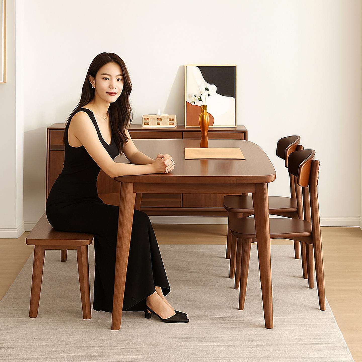 全实木餐桌家用小户型简易出租屋饭桌胡桃木色餐桌椅2025新款家用