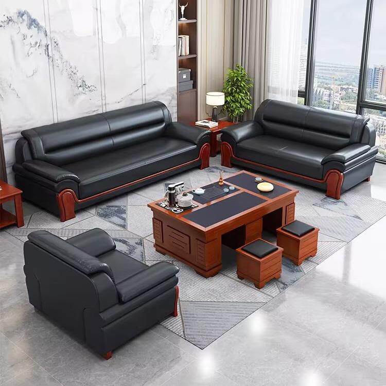 商务办公沙发茶几组合套装单双三人位会客接待室皮艺实木沙发