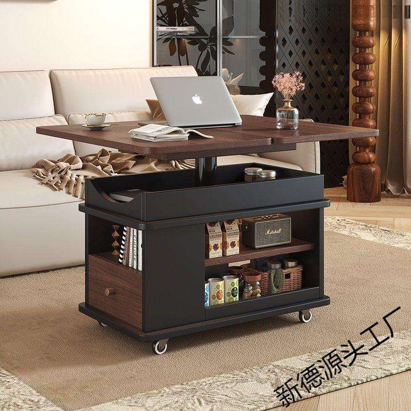 家用茶桌移动客厅小户型多功能折叠沙发实木边柜升降茶几小推车