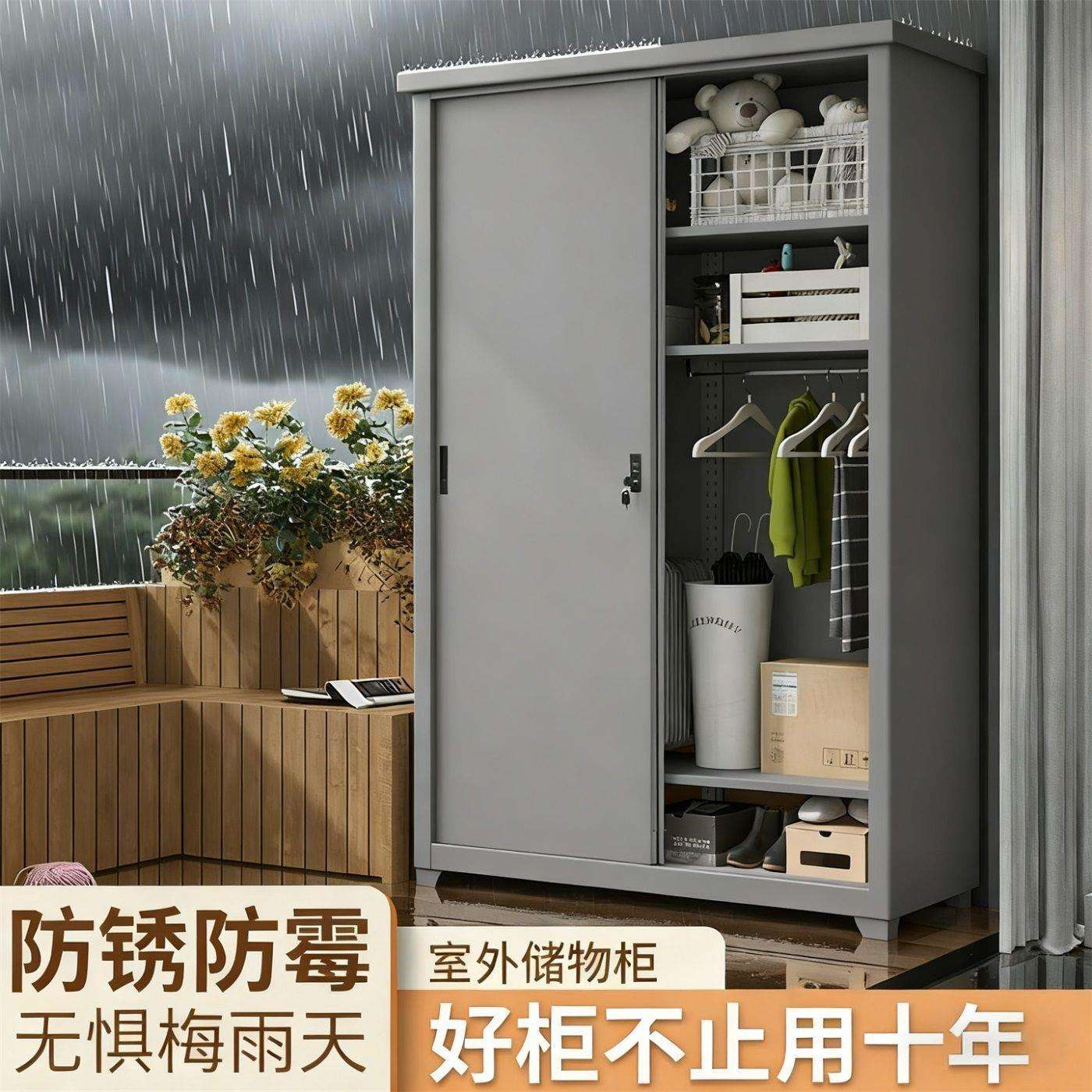 钢制户外防水防晒阳台储物柜家用推拉门衣柜楼道储物柜防潮收纳柜