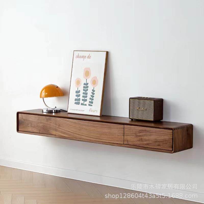 悬挂电视柜圆角纯实木小户型挂墙壁挂式黑胡桃木橡木超薄悬空吊