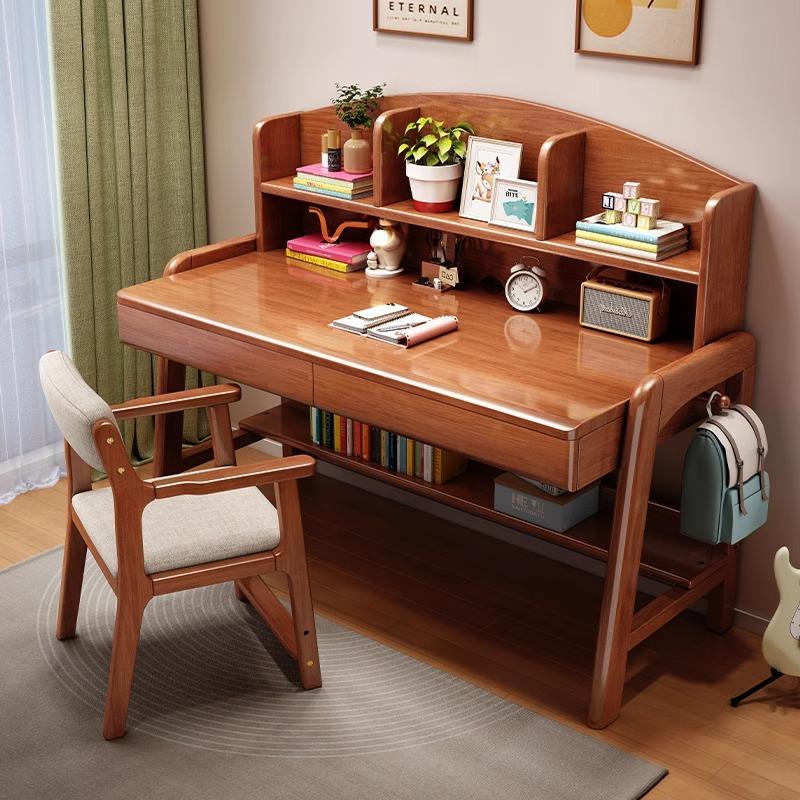 实木书桌书架一体简约儿童可升降学习桌家用卧室中小学生写字桌子