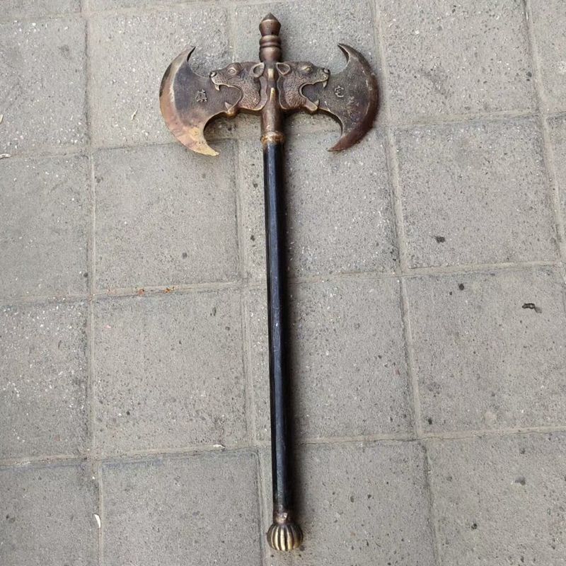 古玩杂项做旧双面斧铜器摆件仿古十八般兵器纯铜工艺品收藏品