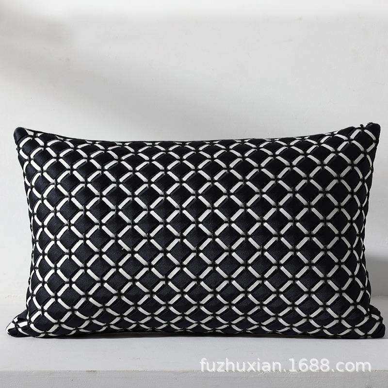 现代简约轻奢黑色麂皮绒编织沙发抱枕样板间客厅靠垫设计师腰枕套