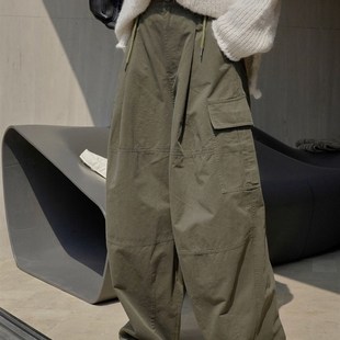 速发灰绿街头降裤伞落工装裤新款韩版绳腿抽阔宽松长裤