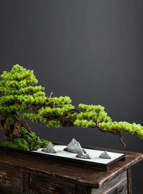 速发迎客松摆件假绿植景盆酒装中式玄关桌面植物盆栽茶室禅意店饰