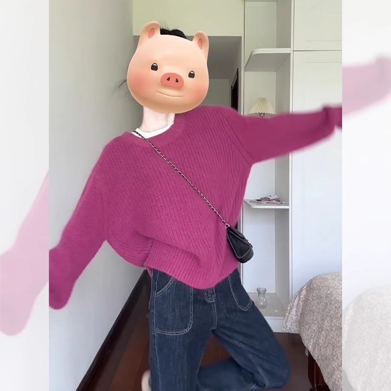 速发复古紫慵圆领软糯浣熊绒毛衣秋冬色懒风宽松套头针织衫上衣