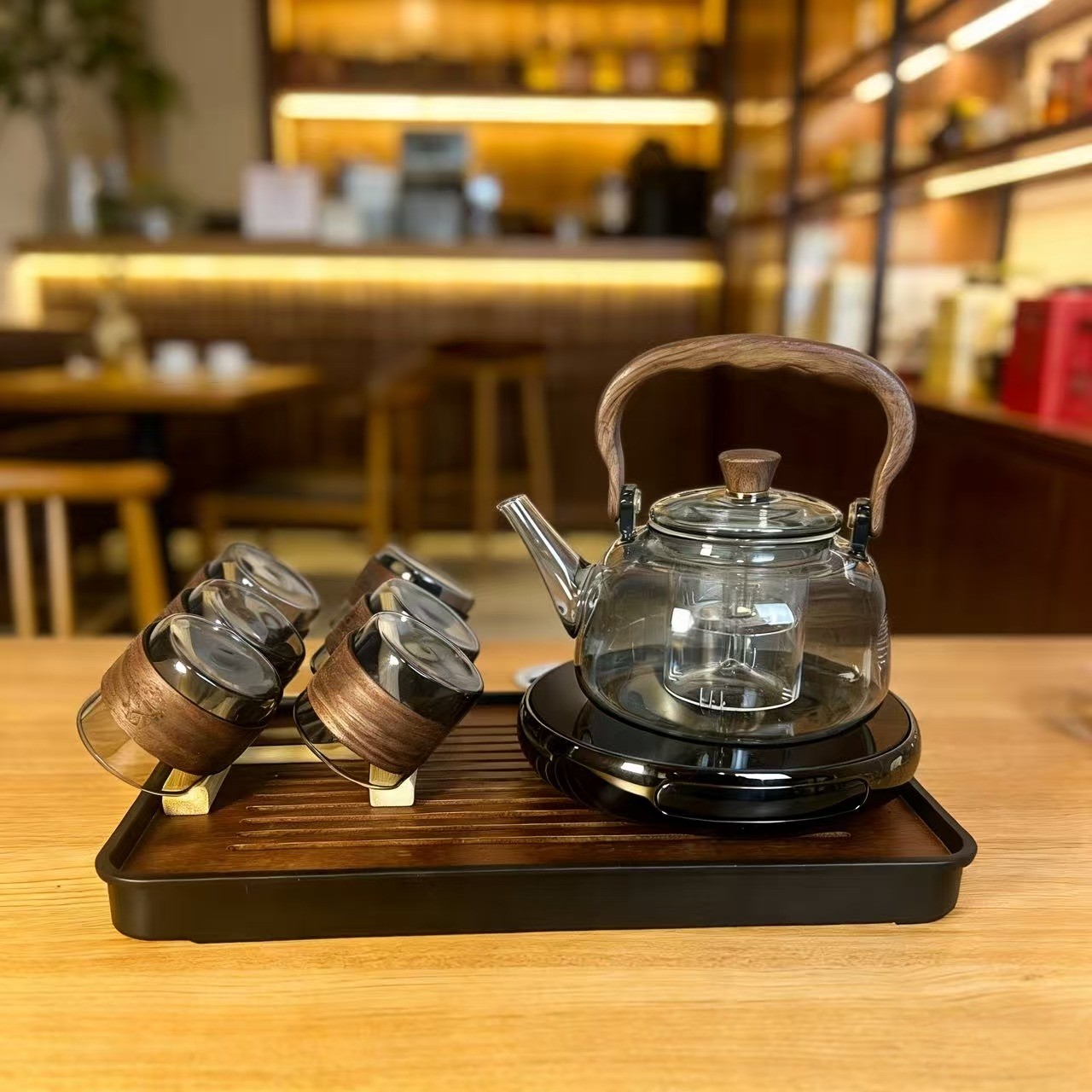 茗凤祥X2电陶炉如意壶茶杯套装木质手柄透明泡茶器带茶盘整套茶具