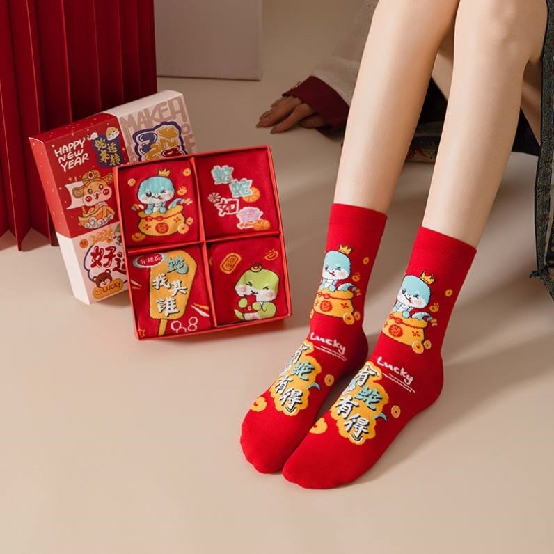 麻将蛇年红色袜子杠上开花红袜子中筒袜