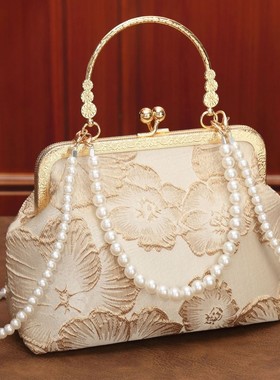 新中式旗袍包手提包搭配汉服马面裙夹子包单肩斜挎古风手提口金包