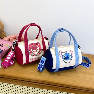 卡通手提单肩圆桶女包学生外出收纳包熊猫斜挎包草莓熊史迪仔包包