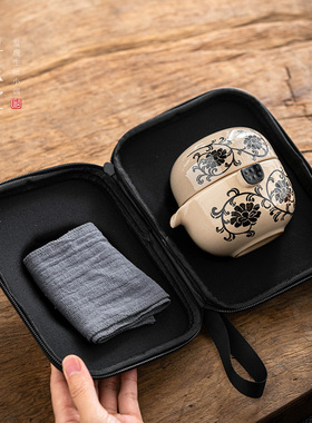 速发民窑雕茶天快客杯花一壶两杯便携包旅行容具磁州窑牡丹花青