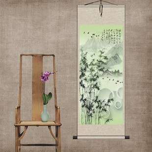 速发绿竹挂画公室图办丝绸卷轴画水墨画壁画竹子仿古字画可
