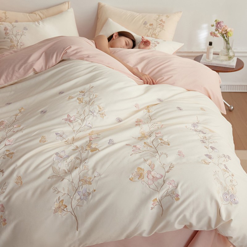 速发0类轻奢花卉1A0加磨毛四件套S厚秋冬刺绣床品粉卡其色