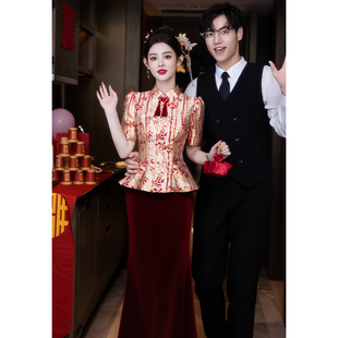 红色订酒 结婚当天新袍便装 速发新中式 改良鱼尾旗娘敬婚服2024新款