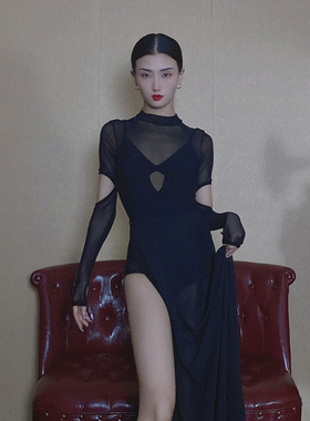 速发WYZ盖盖黑色网演空体衣纯色袖口镂连设计感舞蹈表纱街舞长袖T