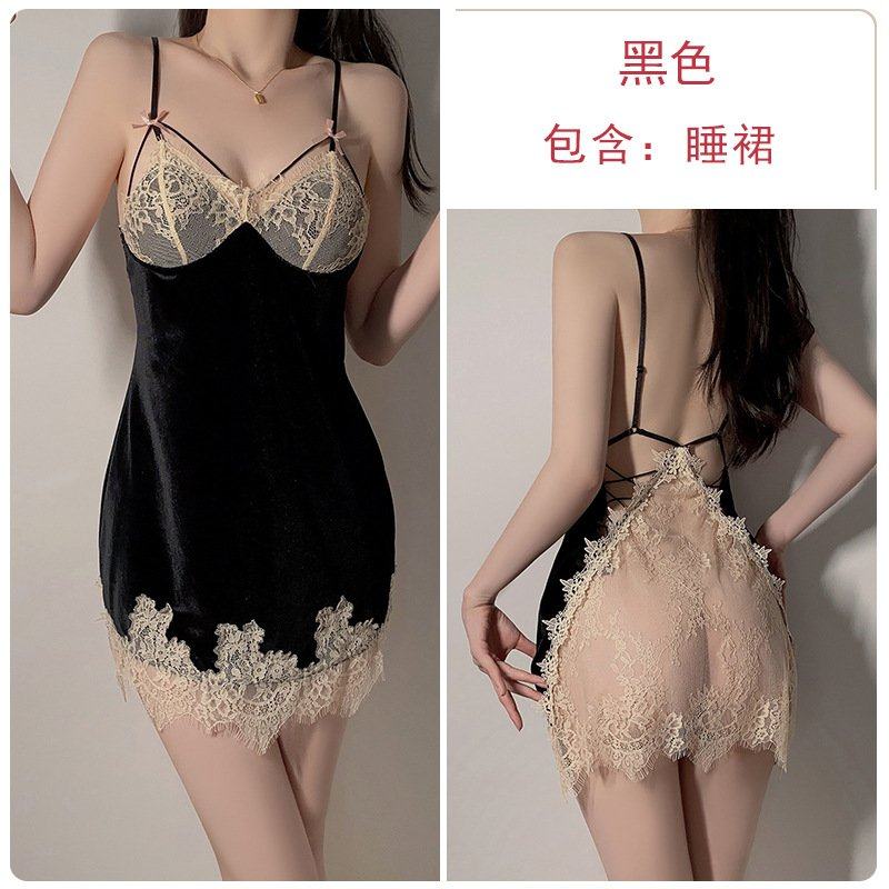 瑰若女士内衣甜美丝绒拼接蕾丝性感深V胸垫大码睡裙外袍套装4992,女士内衣/男士内衣/家居服,睡裙,淘宝优惠券,粉丝福利购,淘宝优惠卷