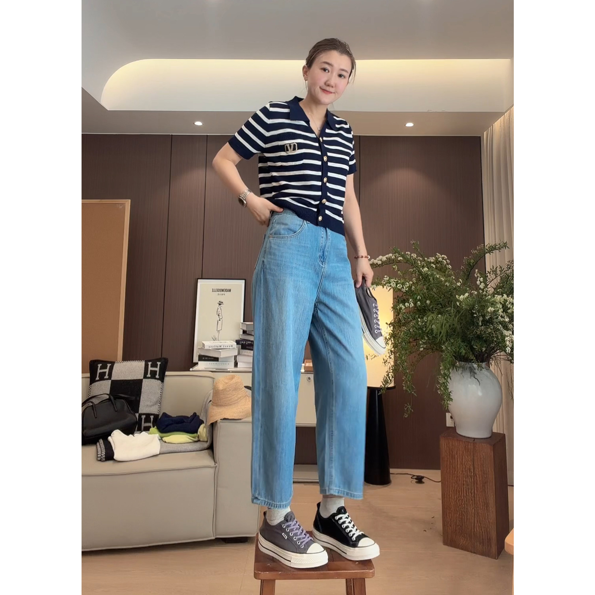 AJDE｜高腰直筒牛仔裤女夏季新款高级感水洗显瘦百搭通勤阔腿长裤