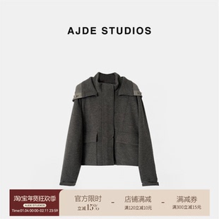 爱自然&AJDE｜LP高奢宽松休闲夹克服保暖显瘦连帽拼皮短外套