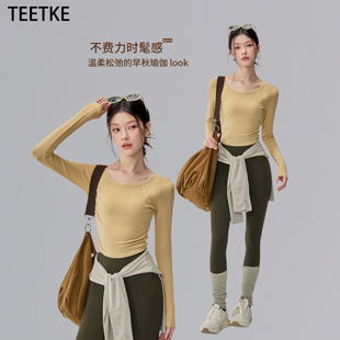 TEETKE瑜伽服长袖女秋冬莱赛尔羊毛运动上衣速干跑步训练健身套装