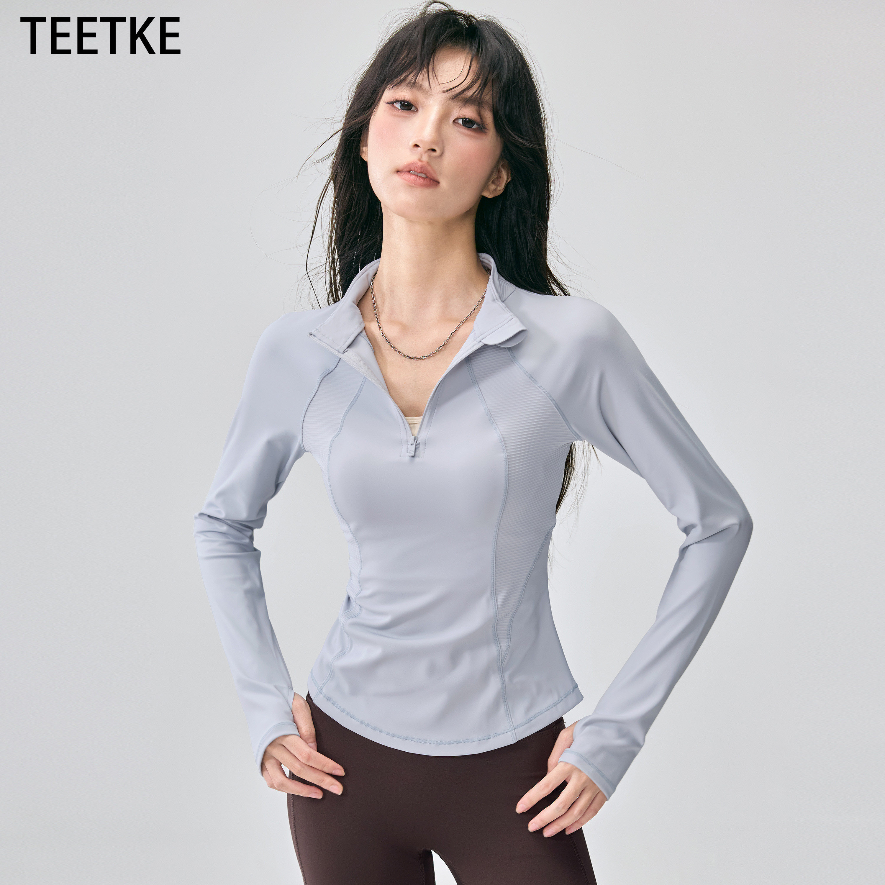 TEETKE美式复古瑜伽长袖女秋季新款半拉链上衣设计感紧身运动t恤