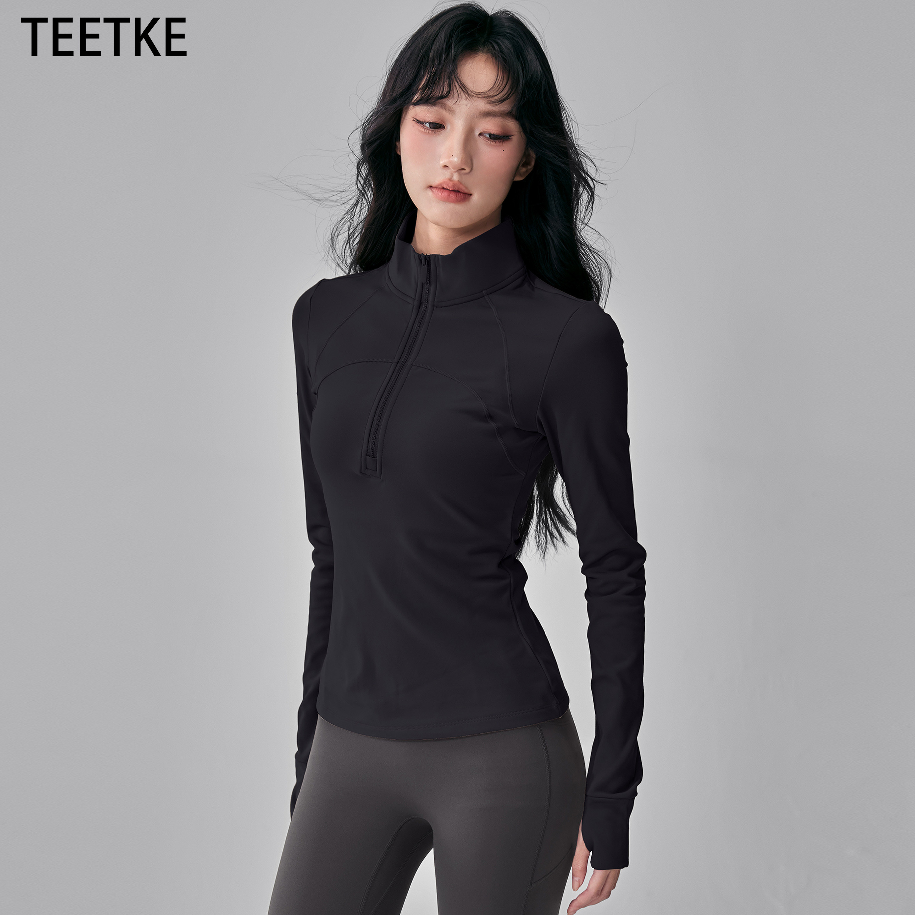 TEETKE运动上衣女立领半拉链高弹瑜伽服外套骑行跑步训练健身长袖,运动服/休闲服装,健身衣,淘宝优惠券,粉丝福利购,淘宝优惠卷