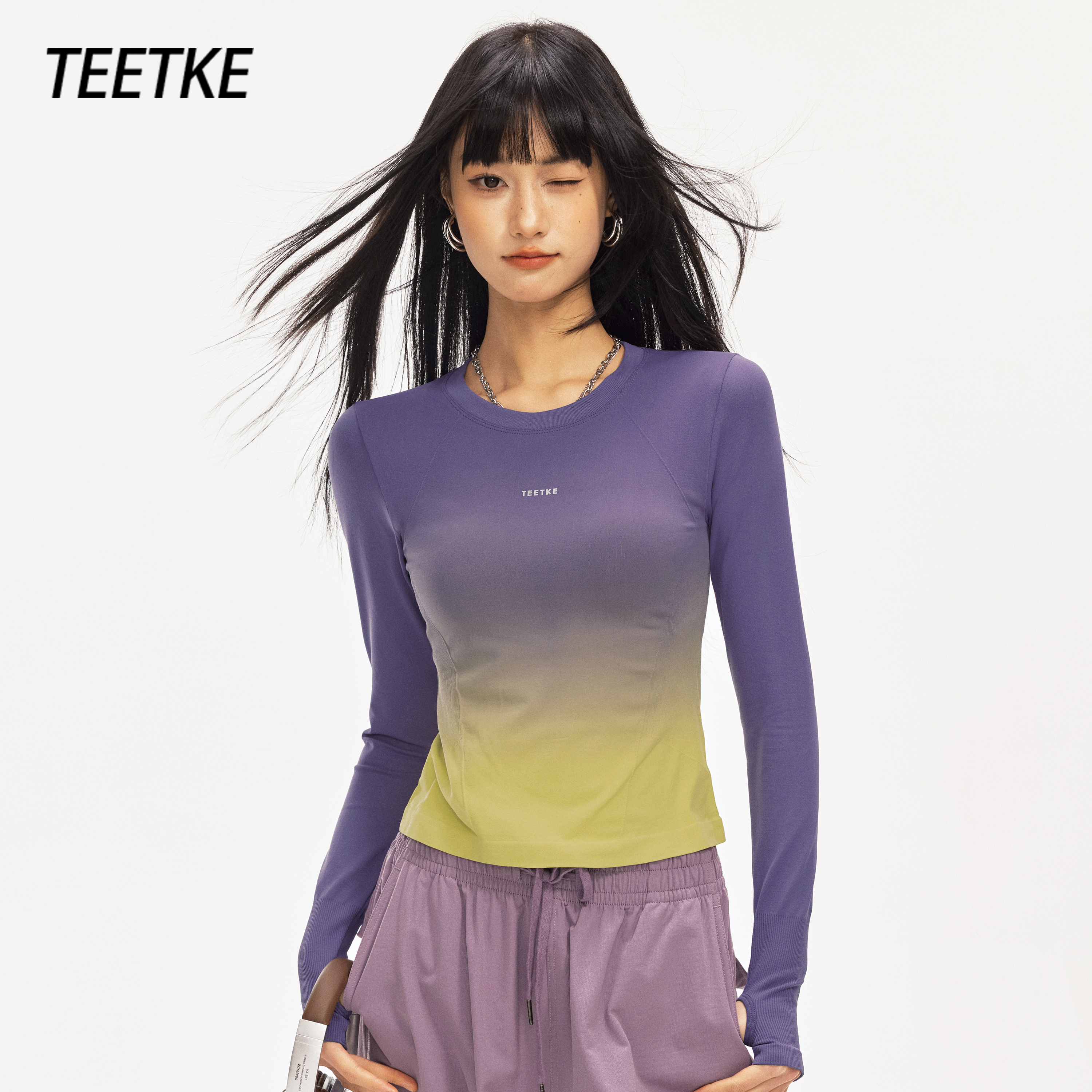 TEETKE美式渐变修身长袖t恤