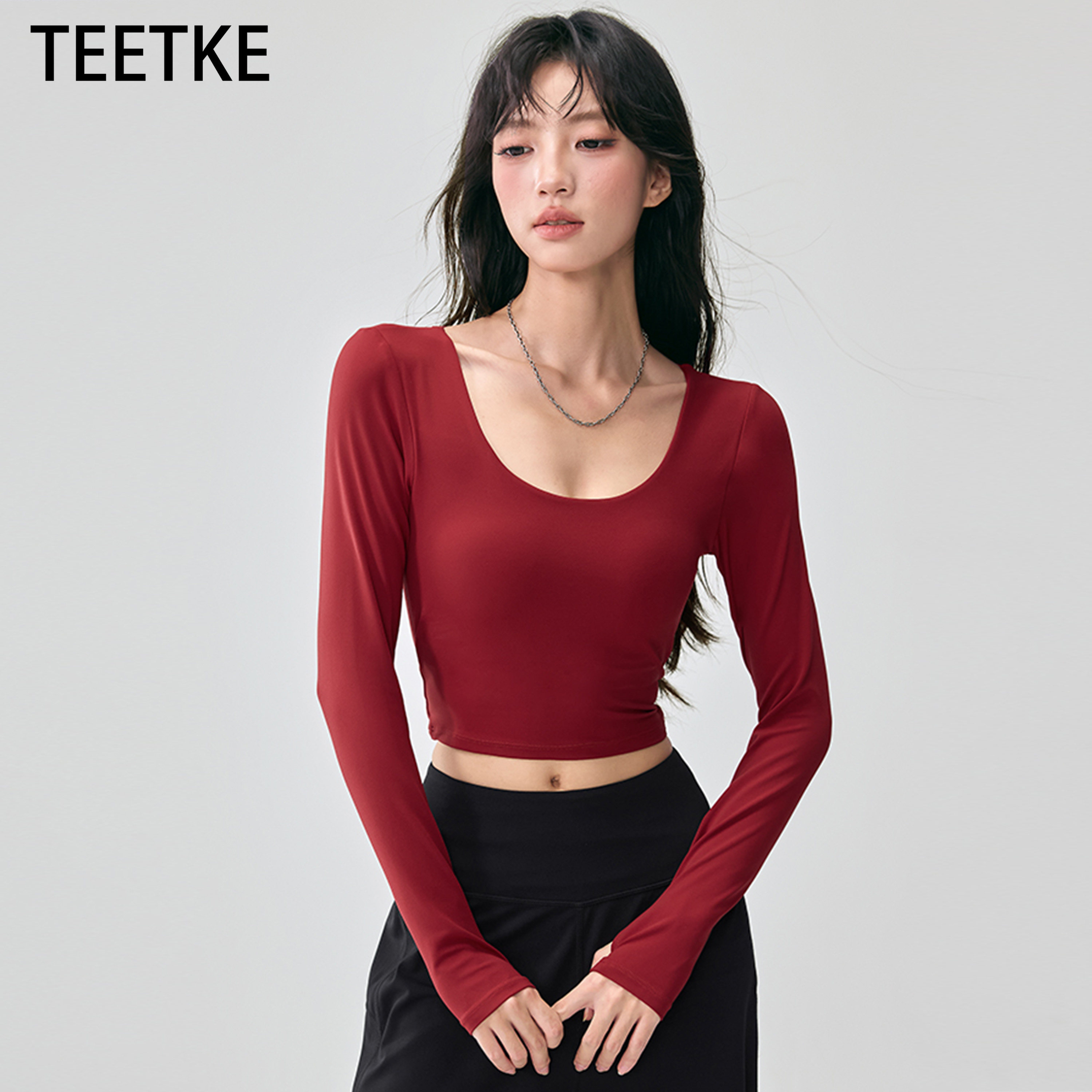 TEETKE运动上衣女带胸垫美背瑜伽服长袖普拉提训练健身服t恤外穿,运动服/休闲服装,健身衣,淘宝优惠券,粉丝福利购,淘宝优惠卷