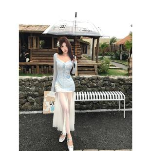 Mejiu蜜九 收腰裙子 浅蓝逸致 清冷感温柔蕾丝吊带连衣裙女夏季