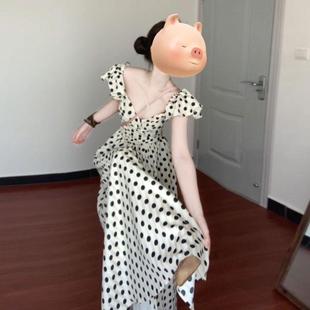 新款 韩系甜美高级感波点连衣裙女2025夏季 褶皱收腰显瘦气质长裙子