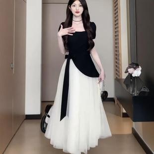 小黑裙夏季 大码 茶歇风短袖 女装 胖mm显瘦掐腰飘带连衣裙 蓬蓬裙法式