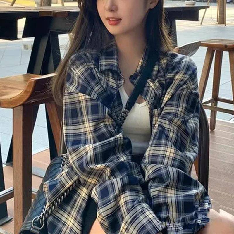 格子衬衫女春夏季薄宽松慵懒风复古秋装长袖衬衣开衫外套上衣