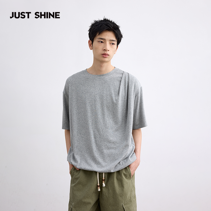 JUSTSHINE 裸感滑滑T 收褶绵羊毛短袖t恤抗菌松弛感宽松落肩上衣