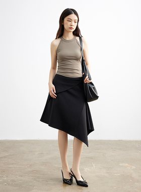 JUSTSHINE 不规则黑色半身裙不对称a字中长伞裙小众设计感艺术感
