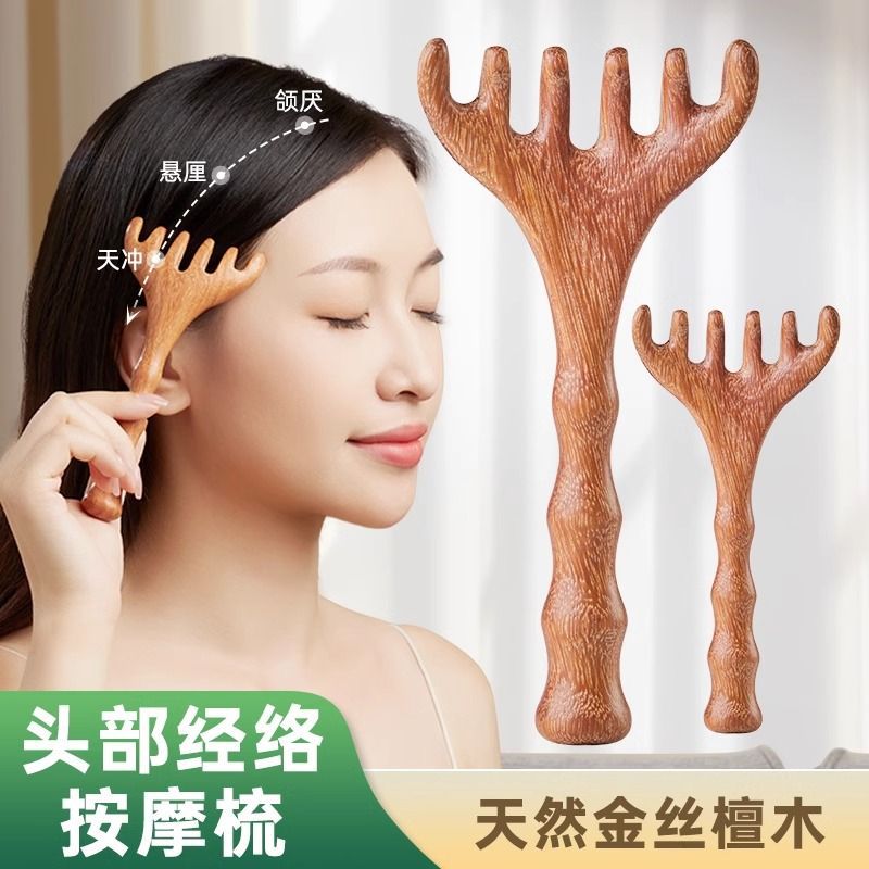 竹节款鹿角梳金丝檀木头部五爪经