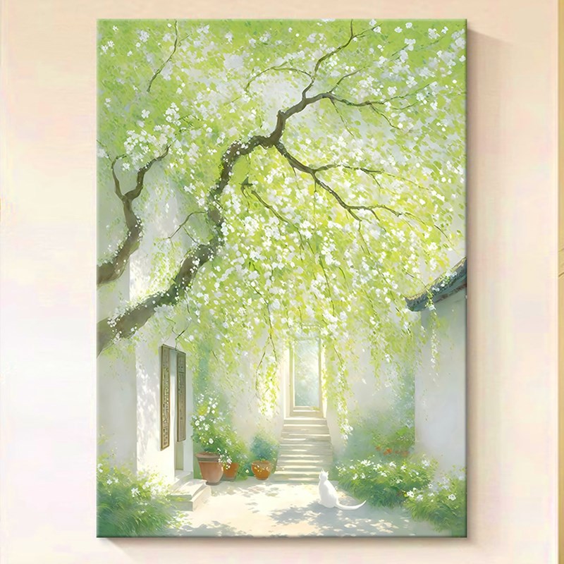 现代简约小清新纯手绘油画v大树绿色系客厅装饰画餐厅卧室玄关挂图片