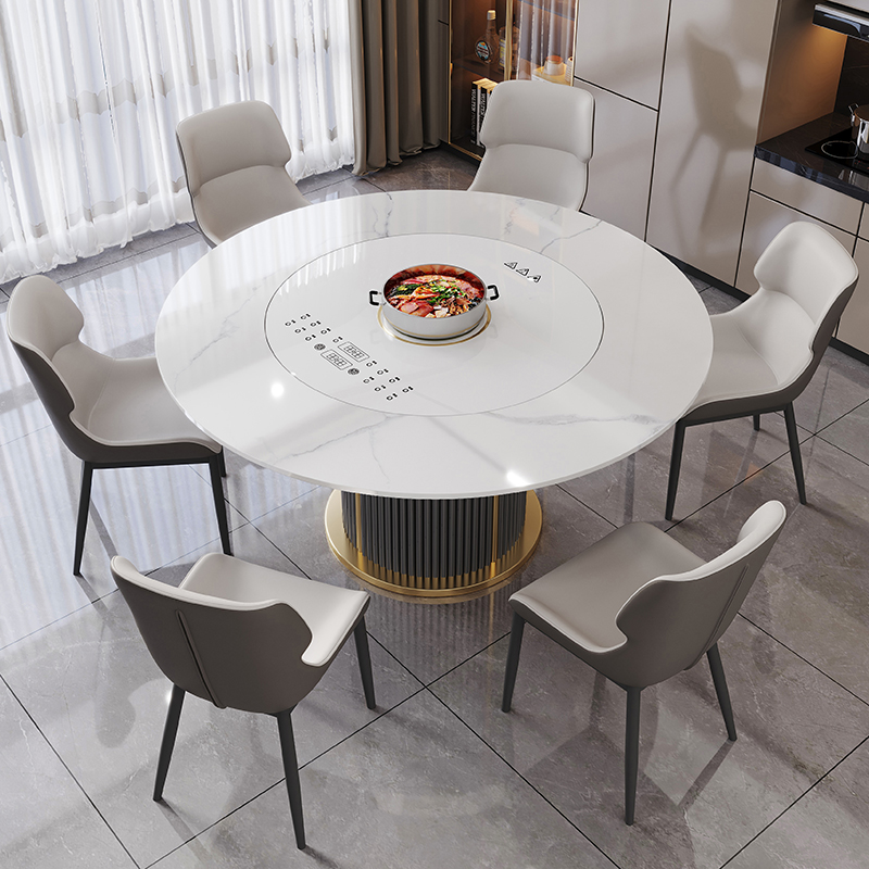 轻奢内嵌岩板餐桌多功能电动升降暖菜转盘现代简约家用小户型圆桌
