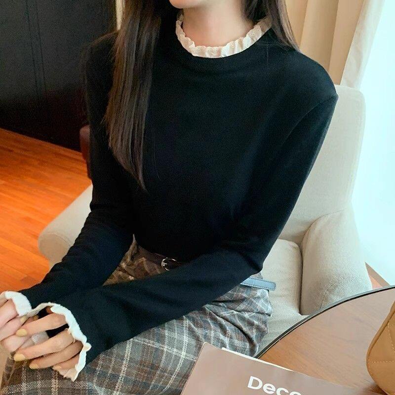 螺纹女打底衫内搭加厚半高领长袖绒T恤1杏色秋冬1上衣蕾丝边德