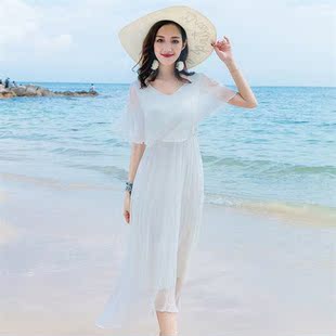显瘦三亚旅游拍照飘逸长裙真丝沙滩裙 海边度假连衣裙夏季 超仙长款