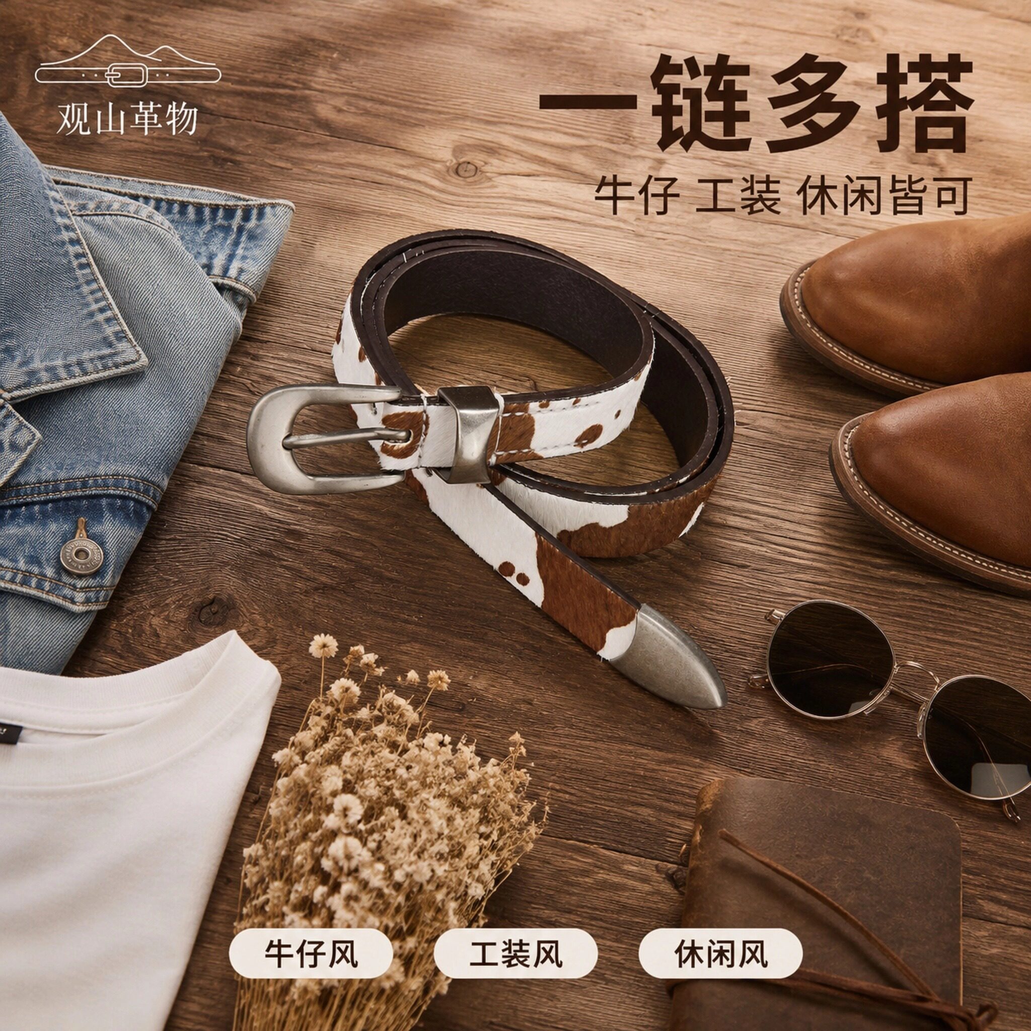女士真皮奶牛纹金属扣细腰带