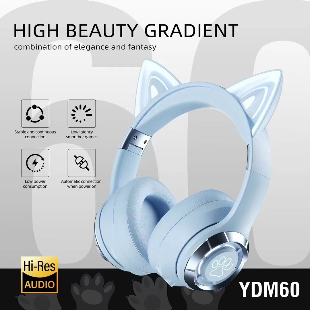新款猫耳朵头戴式蓝牙无线耳机YDM60发光重低音耳麦折叠手机通用