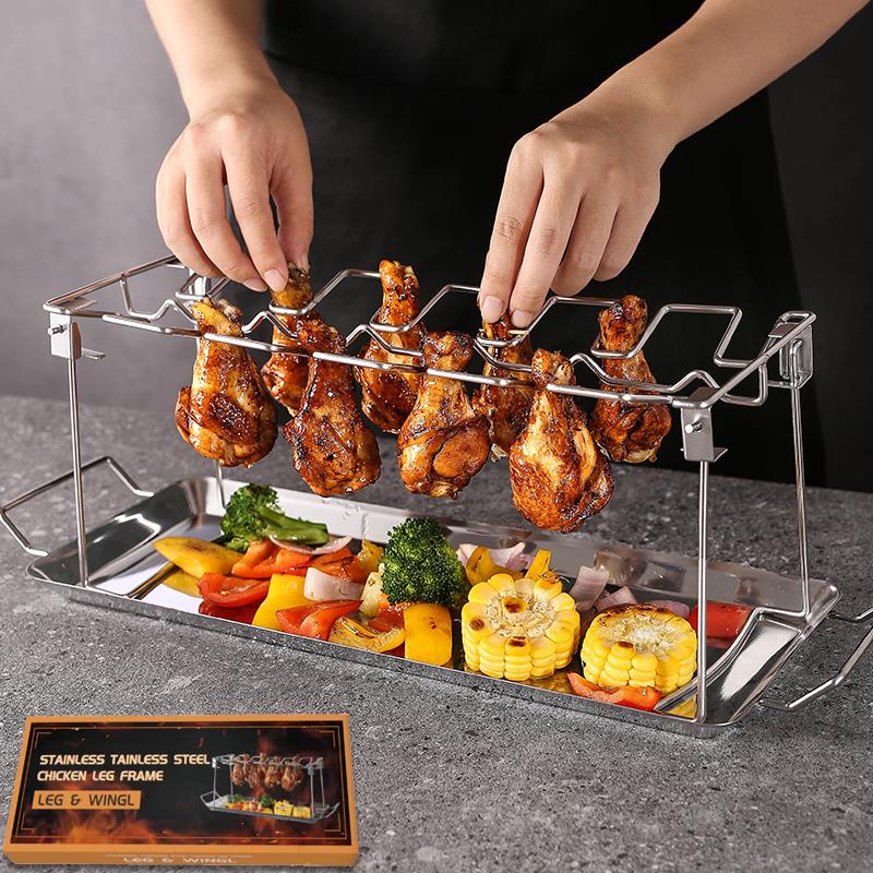不锈钢烤鸡腿盘烧烤架 折叠式户外携带底碟烤架 bbq烤肉架鸡肉架