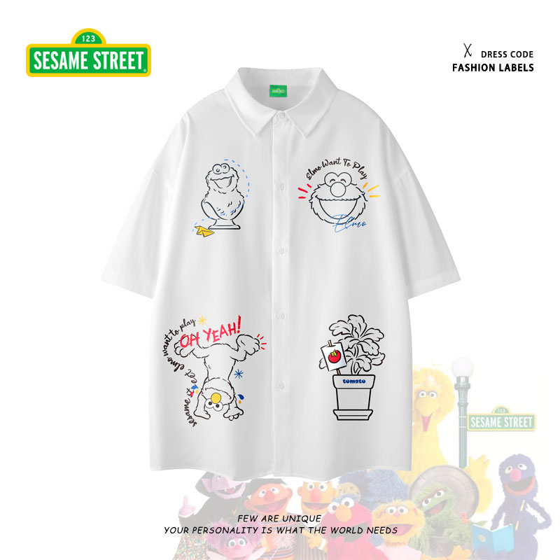Sesame Street/芝麻街高街卡通动漫字母logo印花单排扣短袖潮衬衫