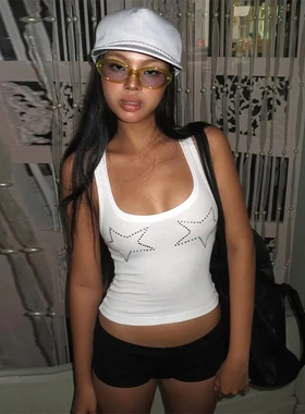 bgc辣妹欧美风星星铆钉印花修身无袖背心女内搭白色吊带上衣个性