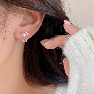 s925纯银蝴蝶结小圆珠耳钉女ins甜美可爱少女心精致流苏银球耳环